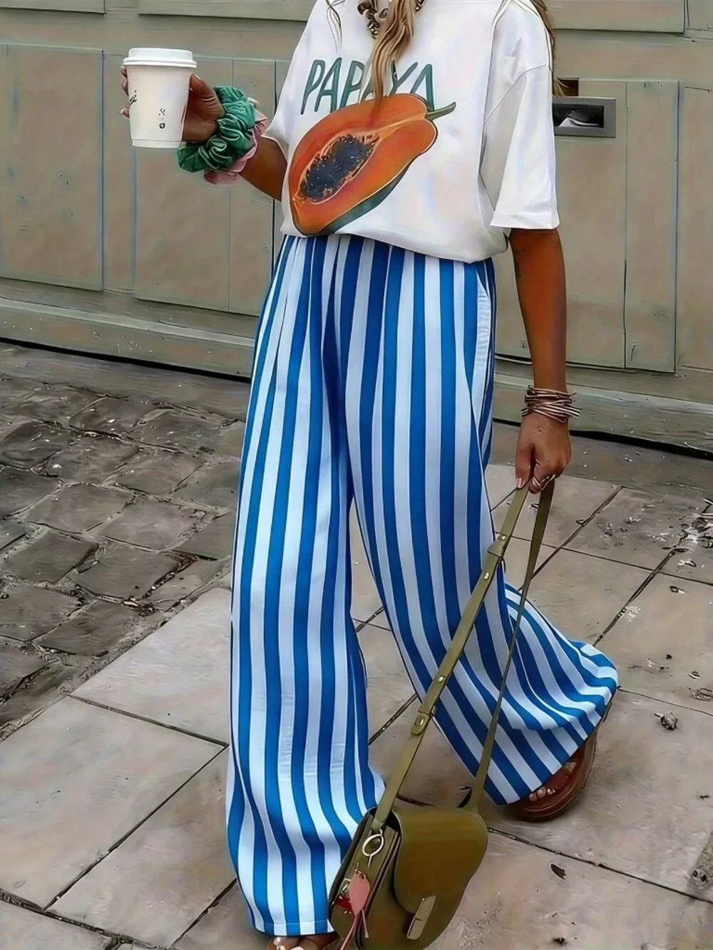 White Casual Women's Striped Woven Wide Leg Beach Pants - Picture 4 of 5